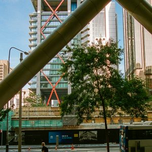 View looking out from the entrance of the former Capita Centre towards 8 Chifley Square. Architects: Capita Centre – Harry Seidler; 8 Chifley Square – Rogers Stirk Harbour + Partners.
