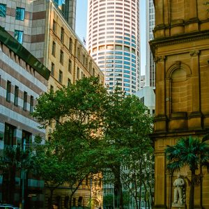 Australia Square Tower at 264 George Street, viewed from Loftus Street. It was designed by architect Harry Seidler and completed in 1967.